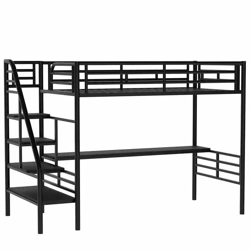 Cama alta de metal de alta resistencia con escritorio, cama alta individual con escaleras para dormitorio, habitación de estudiantes o de invitados, negra
