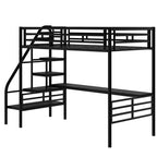 Cama alta de metal de alta resistencia con escritorio, cama alta individual con escaleras para dormitorio, habitación de estudiantes o de invitados, negra