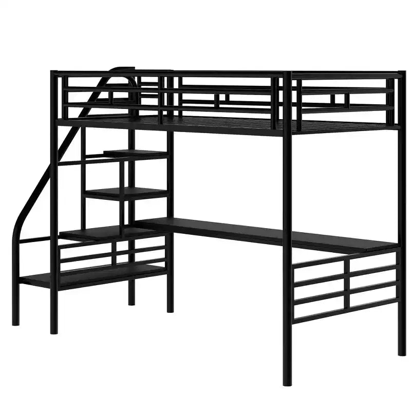 Cama alta de metal de alta resistencia con escritorio, cama alta individual con escaleras para dormitorio, habitación de estudiantes o de invitados, negra