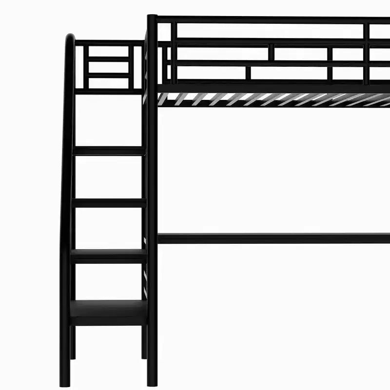 Cama alta de metal de alta resistencia con escritorio, cama alta individual con escaleras para dormitorio, habitación de estudiantes o de invitados, negra