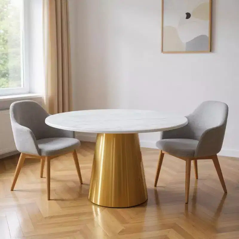 HomeRoots 54 Gray White and Gold Marble and Metal Pedestal Base Round Top Dining Table