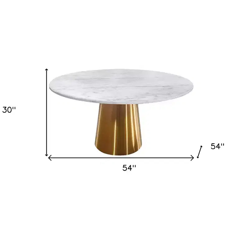 HomeRoots 54 Gray White and Gold Marble and Metal Pedestal Base Round Top Dining Table