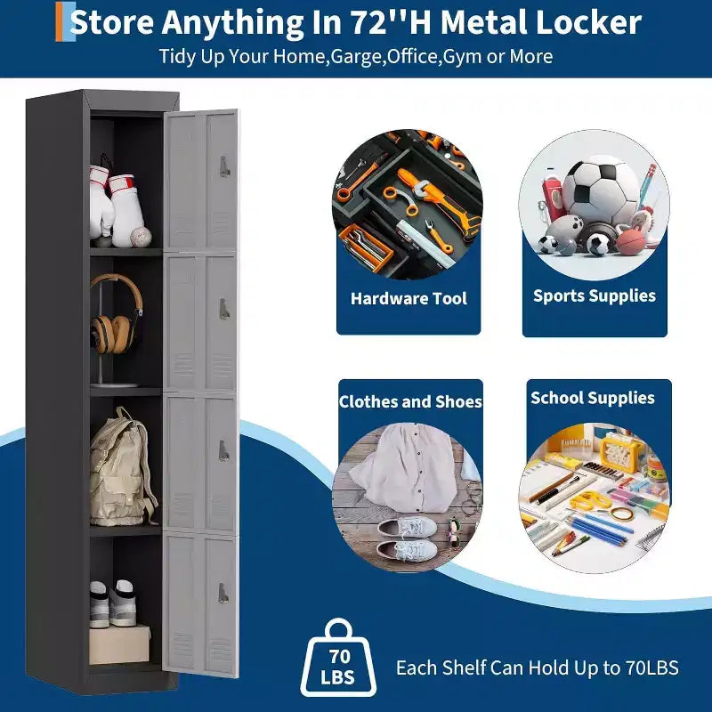 72 Inch Metal Storage Locker with 4 Lockable Doors, Heavy-Duty Steel Employee Locker for Office, Gym, Garage