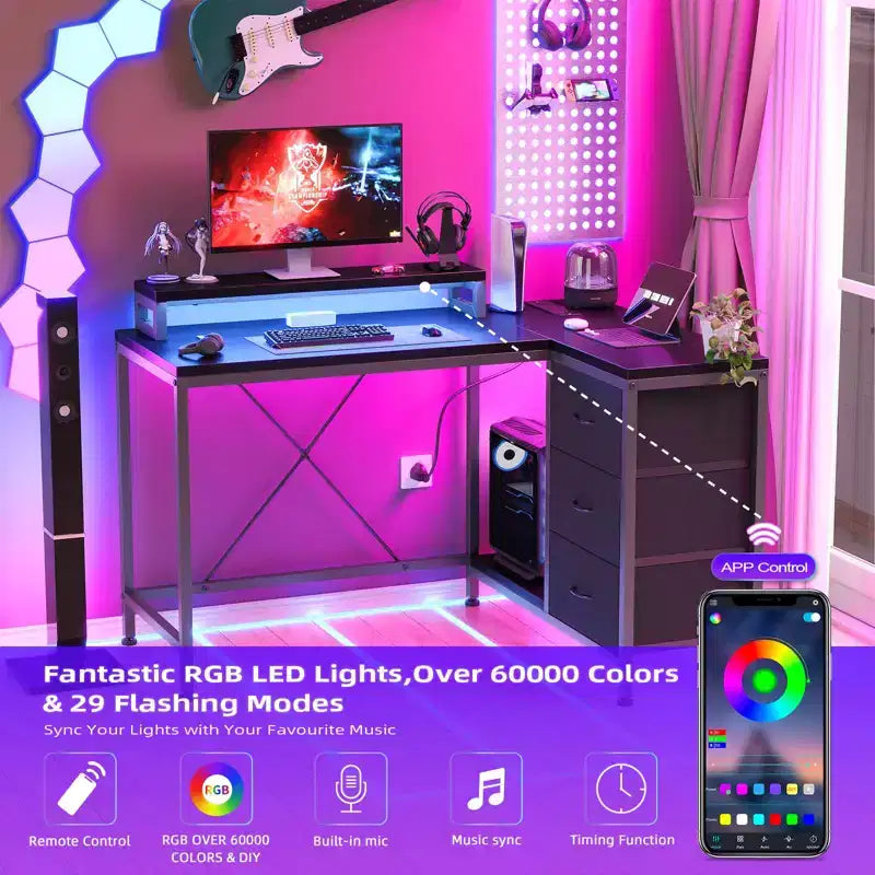 Escritorio de juegos en forma de L (47.3) Escritorio esquinero reversible con 3 cajones, tomas de corriente y puerto USB para oficina en casa (1 paquete)