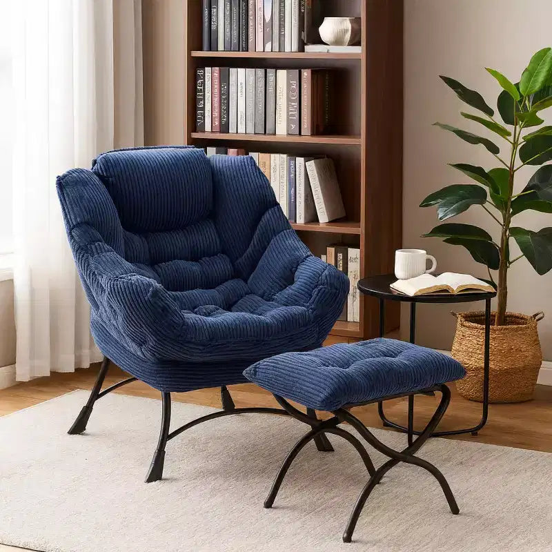 Modern Lounge Accent Chair with Ottoman and Side Pocket, Upholstered Reading Chair with Armrests for Living Room, Bedroom or Game Room