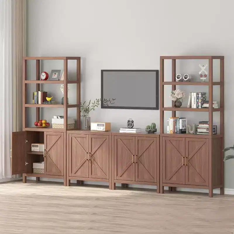 Estantería para libros, estantería de madera de 5 niveles con puertas de armario, estantería con estantes ajustables, almacenamiento de libros para biblioteca estilo granja