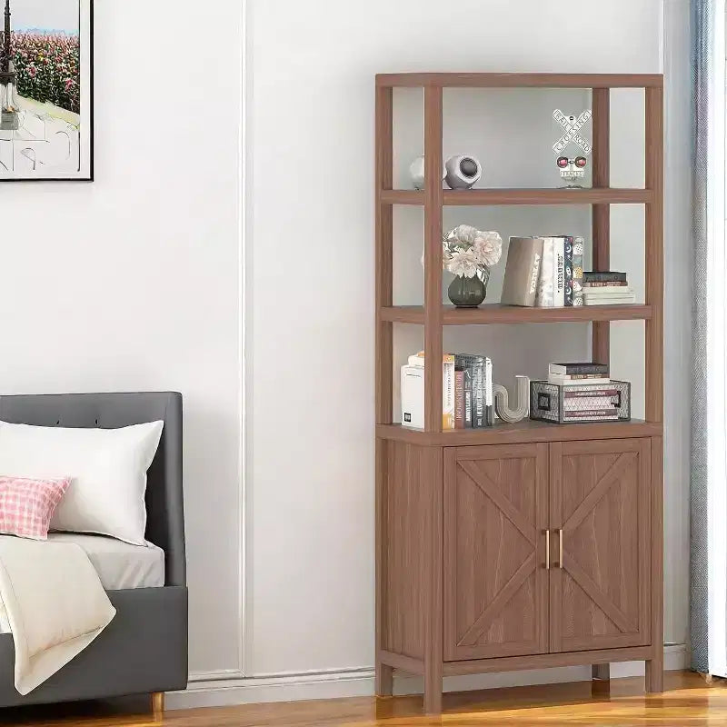 Estantería para libros, estantería de madera de 5 niveles con puertas de armario, estantería con estantes ajustables, almacenamiento de libros para biblioteca estilo granja