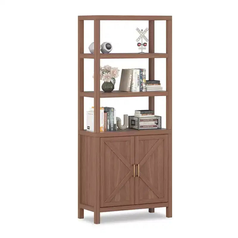 Estantería para libros, estantería de madera de 5 niveles con puertas de armario, estantería con estantes ajustables, almacenamiento de libros para biblioteca estilo granja