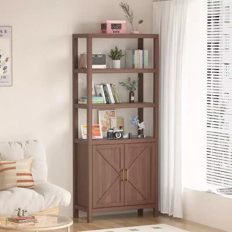 Estantería para libros, estantería de madera de 5 niveles con puertas de armario, estantería con estantes ajustables, almacenamiento de libros para biblioteca estilo granja