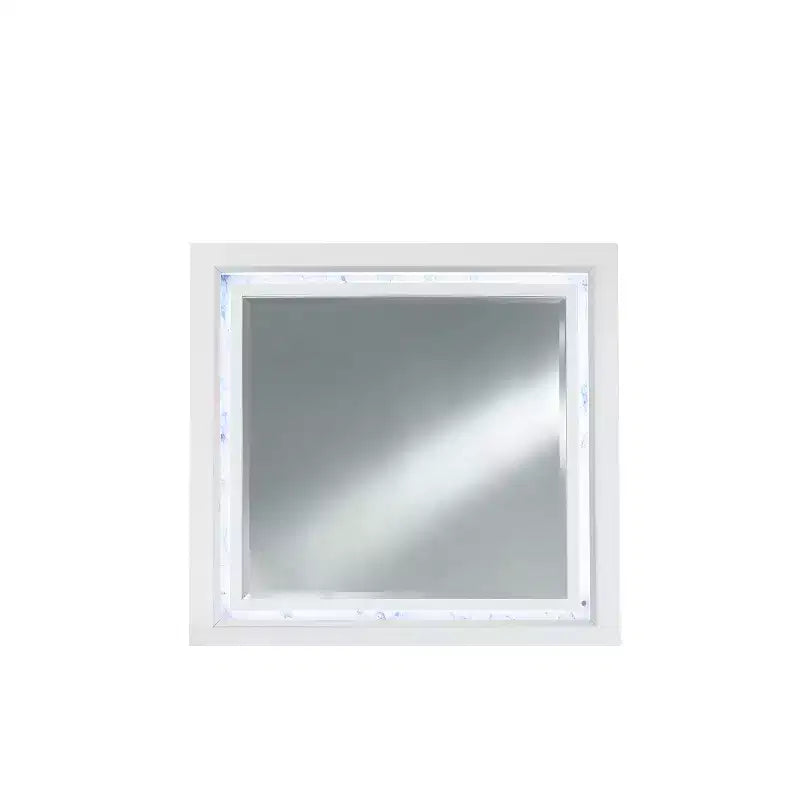 HomeStock White Mirror with Faux Marble Border and LED Lighting  Luxurious Bedroom Accent Piece