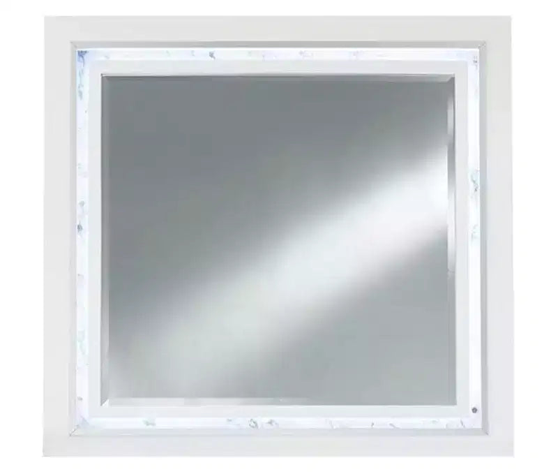 HomeStock White Mirror with Faux Marble Border and LED Lighting  Luxurious Bedroom Accent Piece