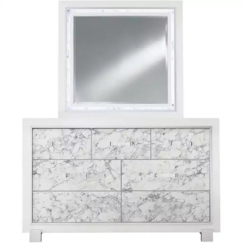 HomeStock White Mirror with Faux Marble Border and LED Lighting  Luxurious Bedroom Accent Piece