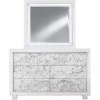 HomeStock White Mirror with Faux Marble Border and LED Lighting  Luxurious Bedroom Accent Piece