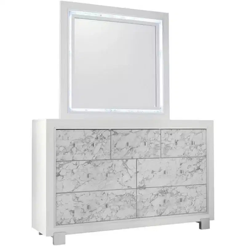 HomeStock White Mirror with Faux Marble Border and LED Lighting  Luxurious Bedroom Accent Piece