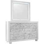 HomeStock White Mirror with Faux Marble Border and LED Lighting  Luxurious Bedroom Accent Piece