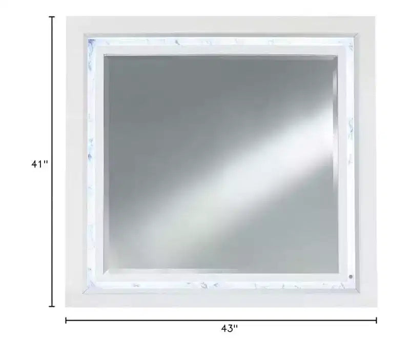 HomeStock White Mirror with Faux Marble Border and LED Lighting  Luxurious Bedroom Accent Piece
