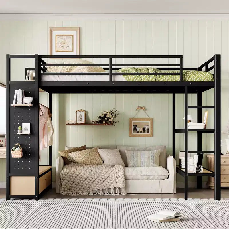 Cama alta de metal tamaño Queen con armario, estantes de almacenamiento y tablero perforado, negra