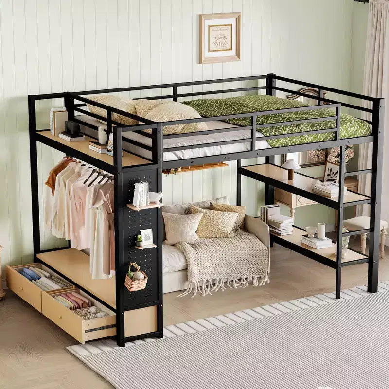 Cama alta de metal tamaño Queen con armario, estantes de almacenamiento y tablero perforado, negra
