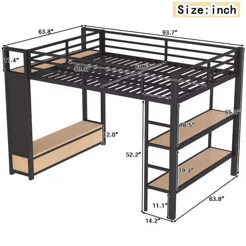 Cama alta de metal tamaño Queen con armario, estantes de almacenamiento y tablero perforado, negra