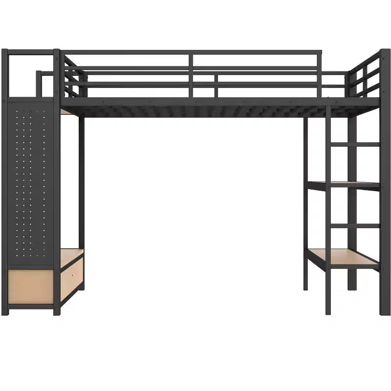 Cama alta de metal tamaño Queen con armario, estantes de almacenamiento y tablero perforado, negra