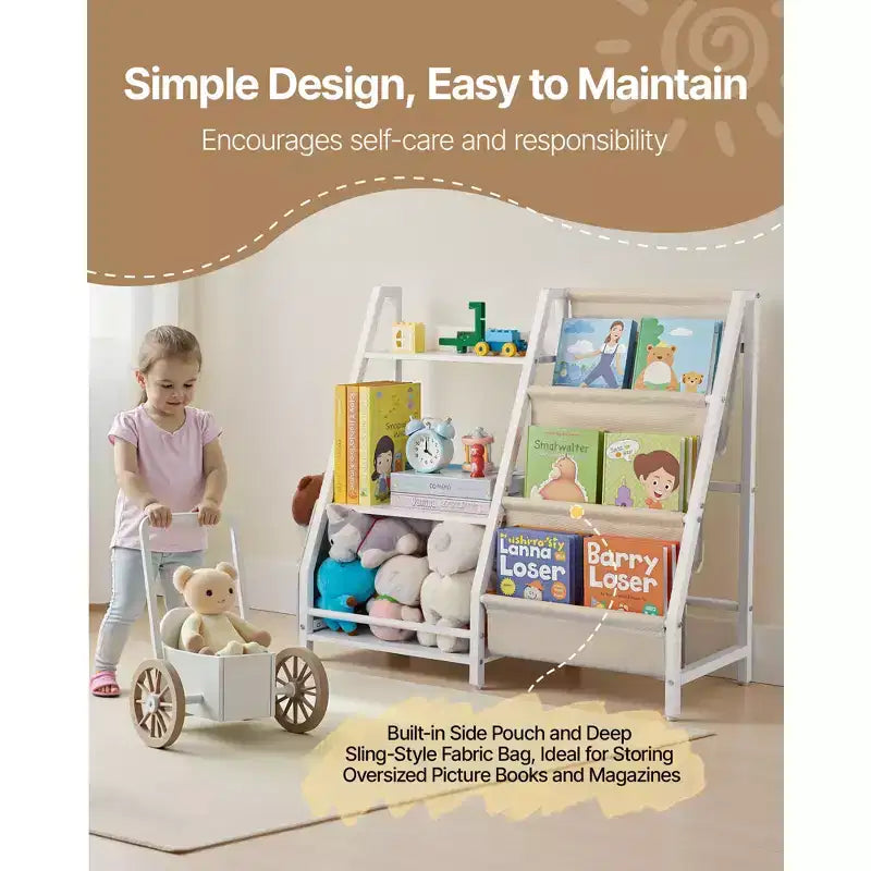 VEVOR Estantería de 3 Niveles para Niños, Organizador de Almacenamiento de Juguetes para Niños Pequeños, Estantería para Habitaciones Infantiles con Estante de Tela y Bolsa de Almacenamiento, Estanterías de Almacenamiento, Blanco