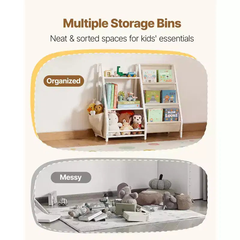 VEVOR Estantería de 3 Niveles para Niños, Organizador de Almacenamiento de Juguetes para Niños Pequeños, Estantería para Habitaciones Infantiles con Estante de Tela y Bolsa de Almacenamiento, Estanterías de Almacenamiento, Blanco