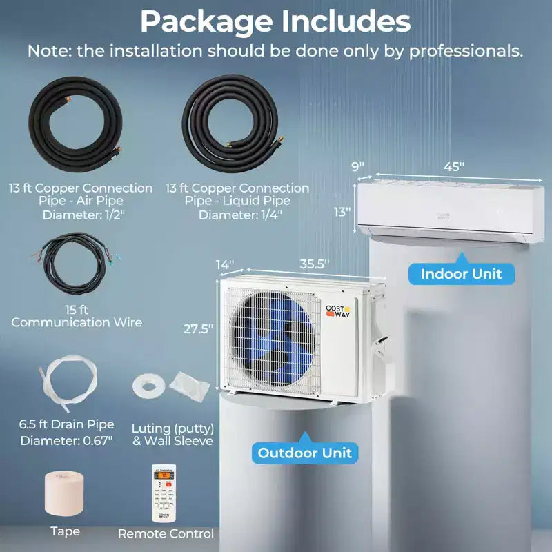 Costway 24000 BTU Mini Split Air Conditioner Heater with 2 Ton Heat Pump Installation Kit