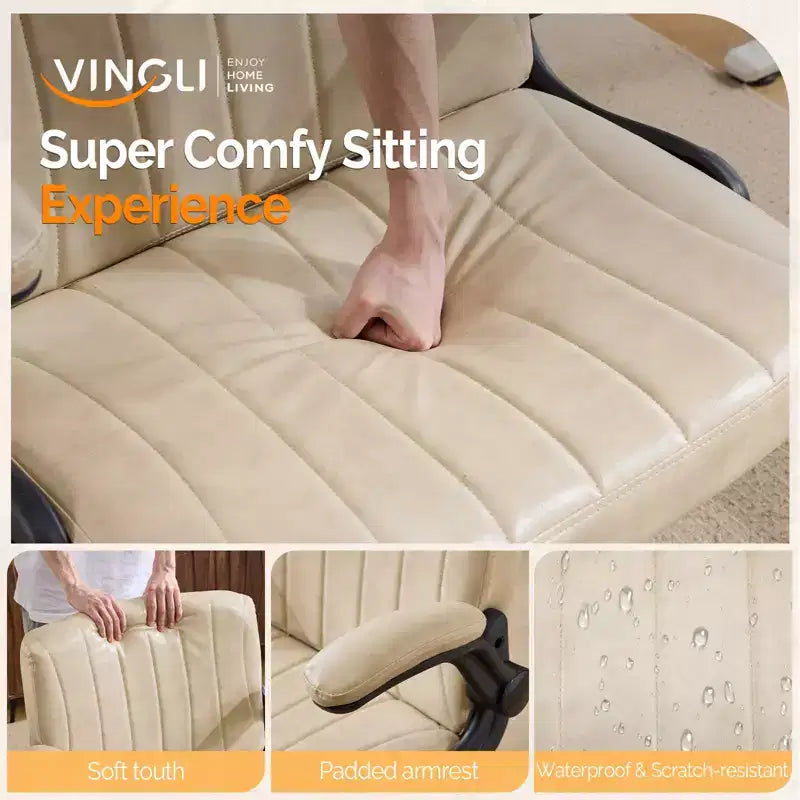 Silla VINGLI Criss Cross con Brazos Abatibles Ajustables, Silla con Patas Cruzadas con Ruedas, Silla de Oficina Extra Ancha, Blanco Marfil