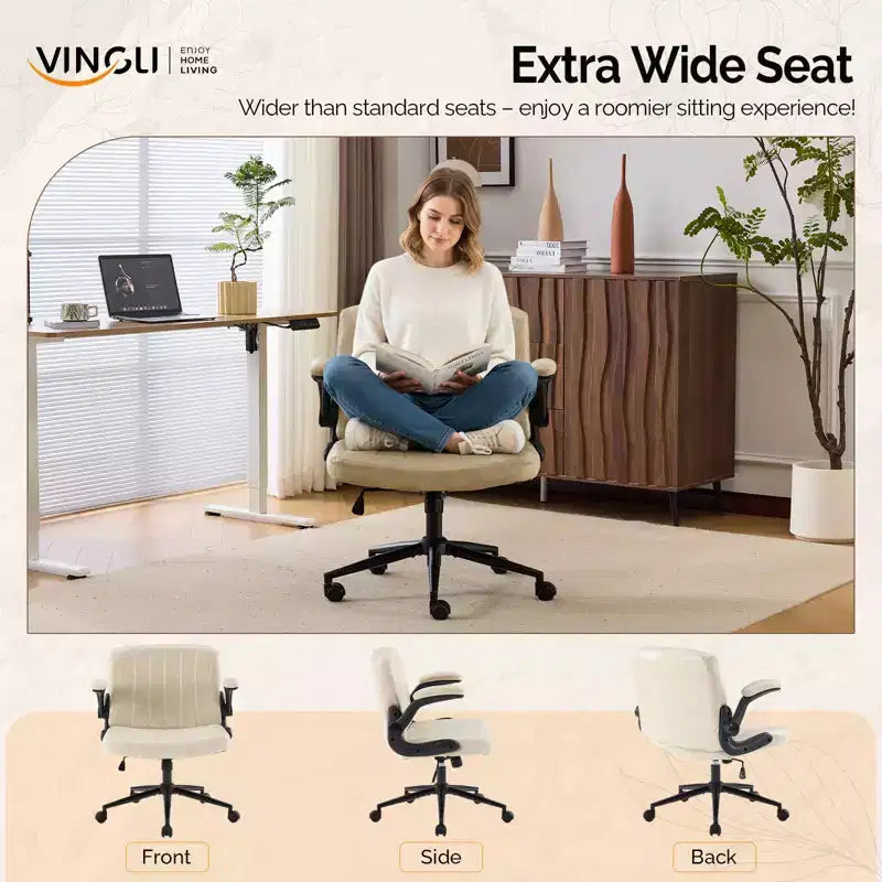 Silla VINGLI Criss Cross con Brazos Abatibles Ajustables, Silla con Patas Cruzadas con Ruedas, Silla de Oficina Extra Ancha, Blanco Marfil
