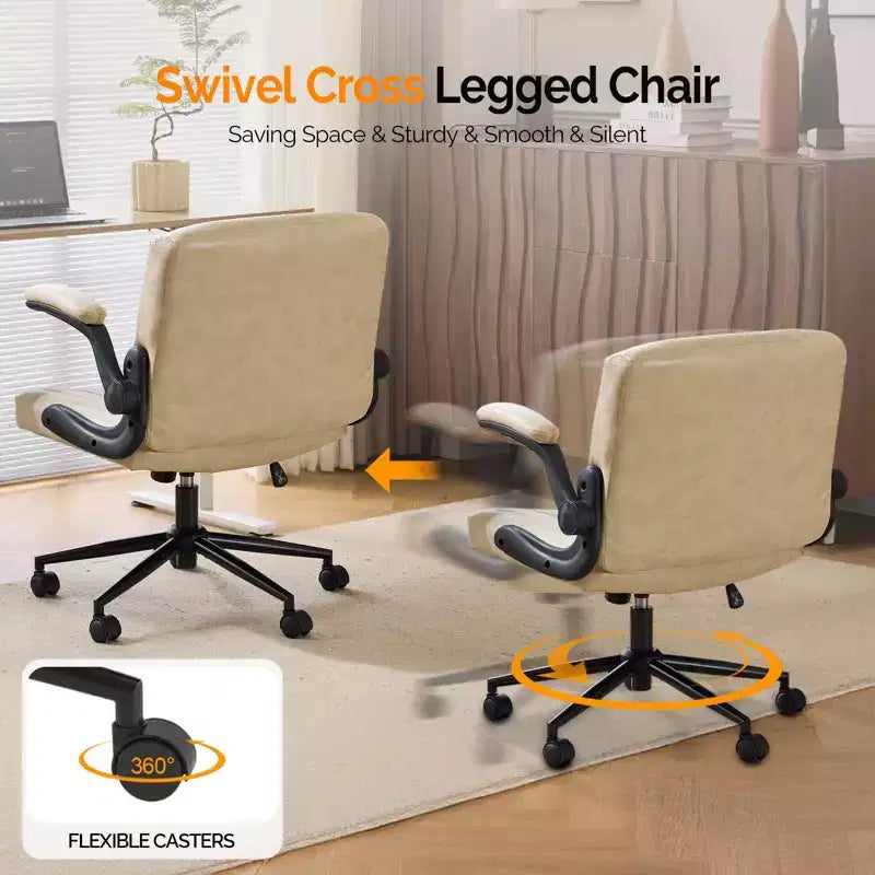 Silla VINGLI Criss Cross con Brazos Abatibles Ajustables, Silla con Patas Cruzadas con Ruedas, Silla de Oficina Extra Ancha, Blanco Marfil