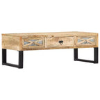 Mesa de centro vidaXL de madera maciza de mango con patas de acero - Estilo rústico e industrial, rectangular con cajones de almacenamiento, marrón natural