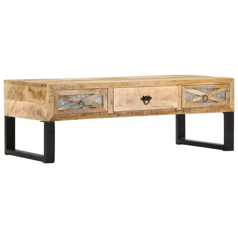 Mesa de centro vidaXL de madera maciza de mango con patas de acero - Estilo rústico e industrial, rectangular con cajones de almacenamiento, marrón natural
