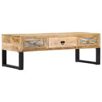Mesa de centro vidaXL de madera maciza de mango con patas de acero - Estilo rústico e industrial, rectangular con cajones de almacenamiento, marrón natural