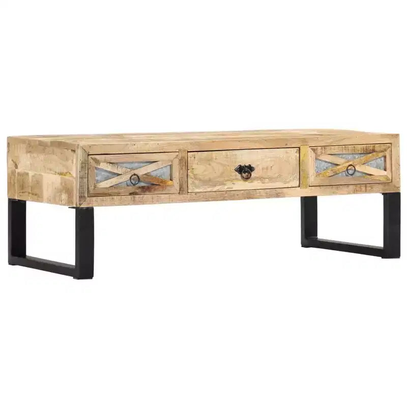 Mesa de centro vidaXL de madera maciza de mango con patas de acero - Estilo rústico e industrial, rectangular con cajones de almacenamiento, marrón natural