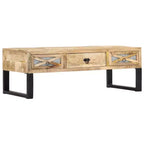 Mesa de centro vidaXL de madera maciza de mango con patas de acero - Estilo rústico e industrial, rectangular con cajones de almacenamiento, marrón natural