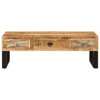 Mesa de centro vidaXL de madera maciza de mango con patas de acero - Estilo rústico e industrial, rectangular con cajones de almacenamiento, marrón natural