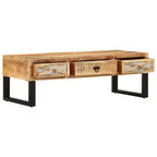 Mesa de centro vidaXL de madera maciza de mango con patas de acero - Estilo rústico e industrial, rectangular con cajones de almacenamiento, marrón natural