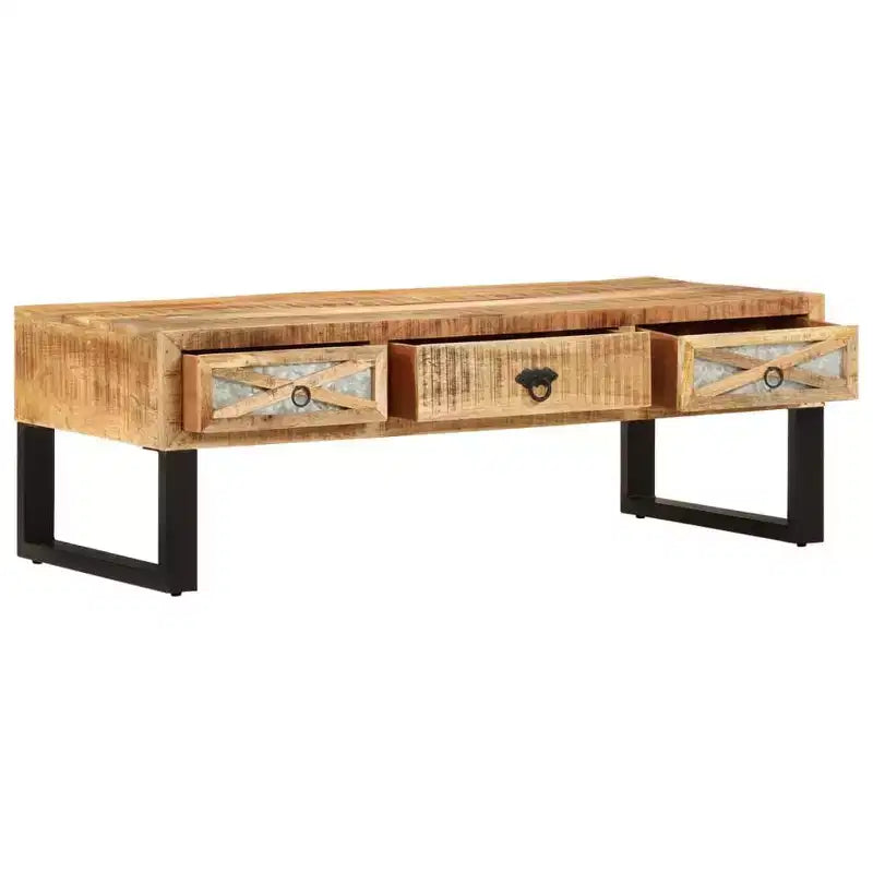 Mesa de centro vidaXL de madera maciza de mango con patas de acero - Estilo rústico e industrial, rectangular con cajones de almacenamiento, marrón natural