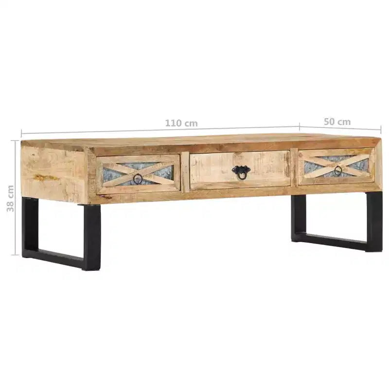 Mesa de centro vidaXL de madera maciza de mango con patas de acero - Estilo rústico e industrial, rectangular con cajones de almacenamiento, marrón natural