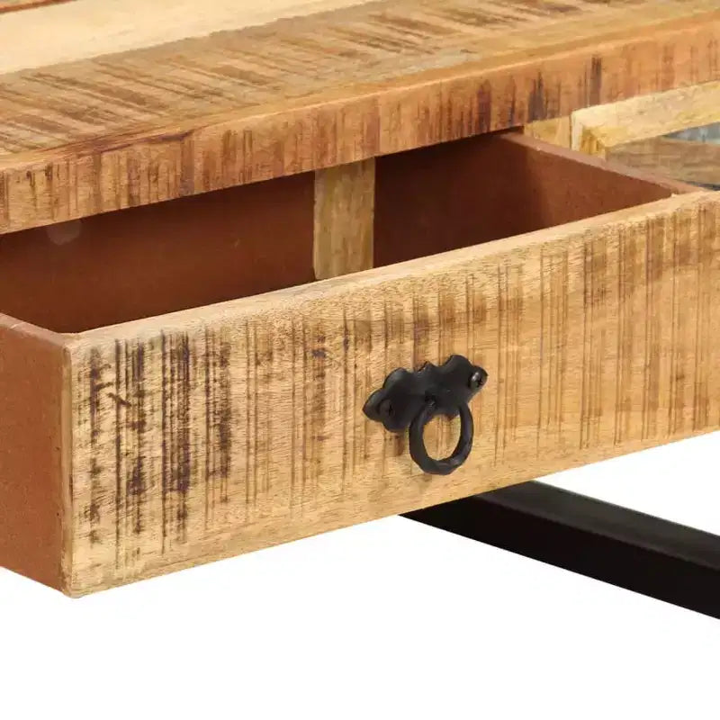 Mesa de centro vidaXL de madera maciza de mango con patas de acero - Estilo rústico e industrial, rectangular con cajones de almacenamiento, marrón natural