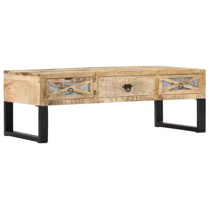 Mesa de centro vidaXL de madera maciza de mango con patas de acero - Estilo rústico e industrial, rectangular con cajones de almacenamiento, marrón natural