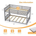 Litera de madera maciza baja JOYMOR para niños/jóvenes, estructura de litera con barandillas y escalera para niños y niñas, no necesita somier (Gris)