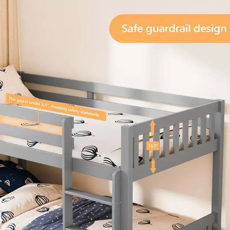 Litera de madera maciza baja JOYMOR para niños/jóvenes, estructura de litera con barandillas y escalera para niños y niñas, no necesita somier (Gris)