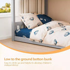 Litera de madera maciza baja JOYMOR para niños/jóvenes, estructura de litera con barandillas y escalera para niños y niñas, no necesita somier (Gris)