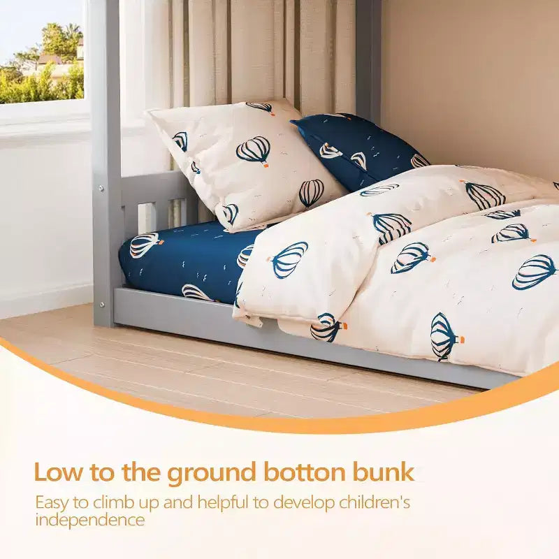 Litera de madera maciza baja JOYMOR para niños/jóvenes, estructura de litera con barandillas y escalera para niños y niñas, no necesita somier (Gris)