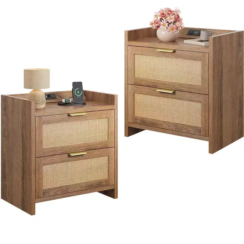 GALAXHERO Mesitas de Noche de Ratán, Mesita de Noche con Estación de Carga, Mesita Auxiliar Bohemia con 2 Cajones, Mesitas Auxiliares para Dormitorio, Sala de Estar