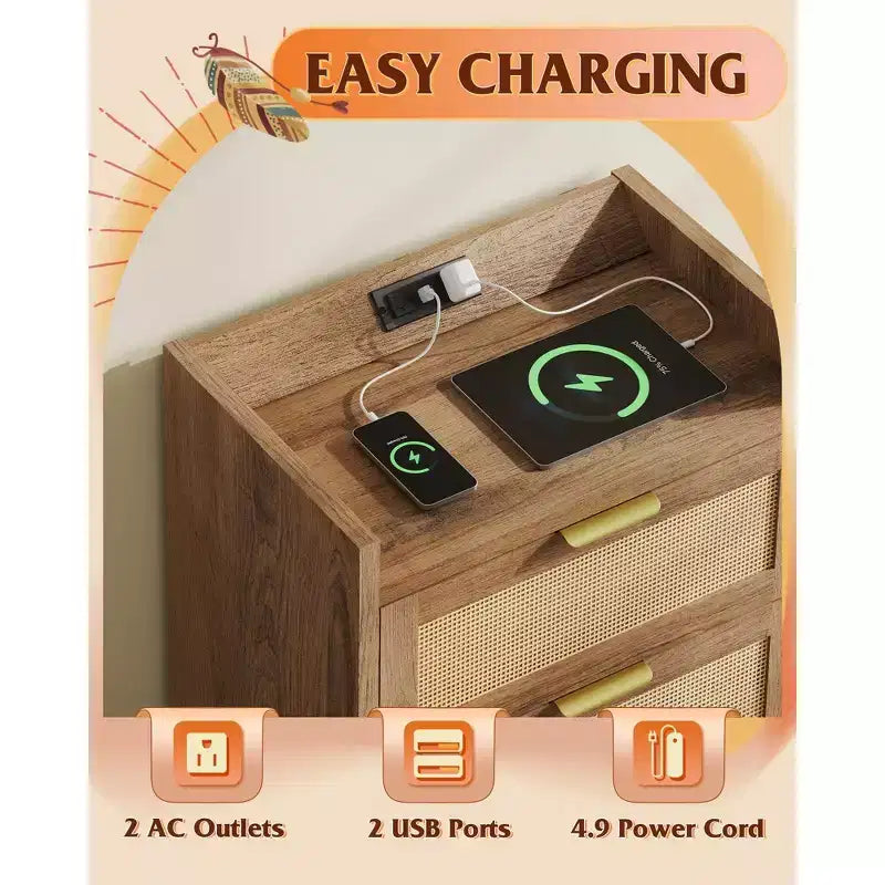 GALAXHERO Mesitas de Noche de Ratán, Mesita de Noche con Estación de Carga, Mesita Auxiliar Bohemia con 2 Cajones, Mesitas Auxiliares para Dormitorio, Sala de Estar