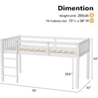 Cama alta doble JOYMOR, cama alta baja para niños pequeños, habitación pequeña/dormitorio con techo bajo con barandilla y escalera, blanca