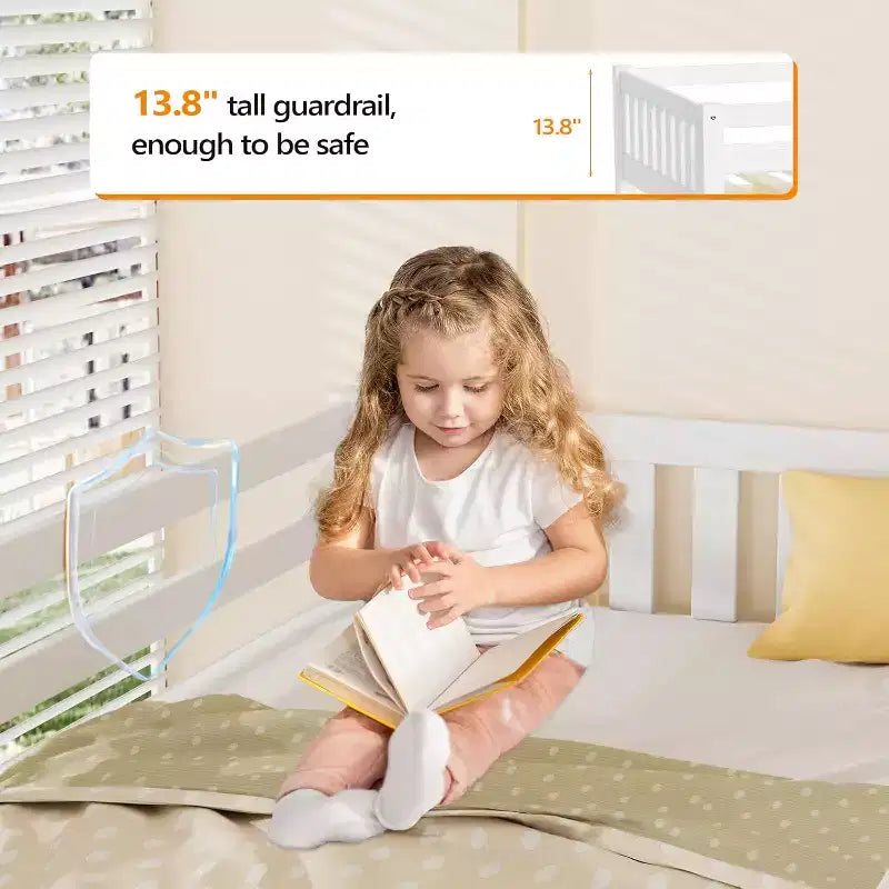 Cama alta doble JOYMOR, cama alta baja para niños pequeños, habitación pequeña/dormitorio con techo bajo con barandilla y escalera, blanca