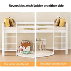 Cama alta doble JOYMOR, cama alta baja para niños pequeños, habitación pequeña/dormitorio con techo bajo con barandilla y escalera, blanca